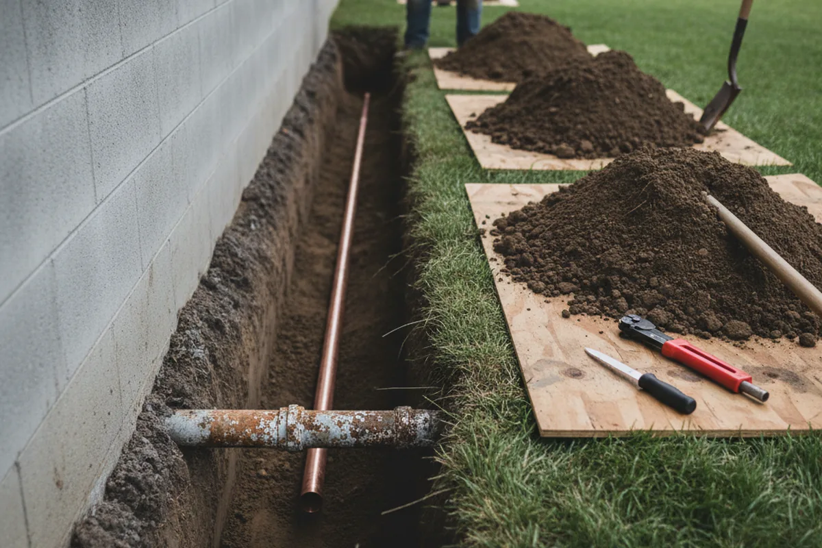 Excavated water line trench during Water Softener Installation in Chouteau
